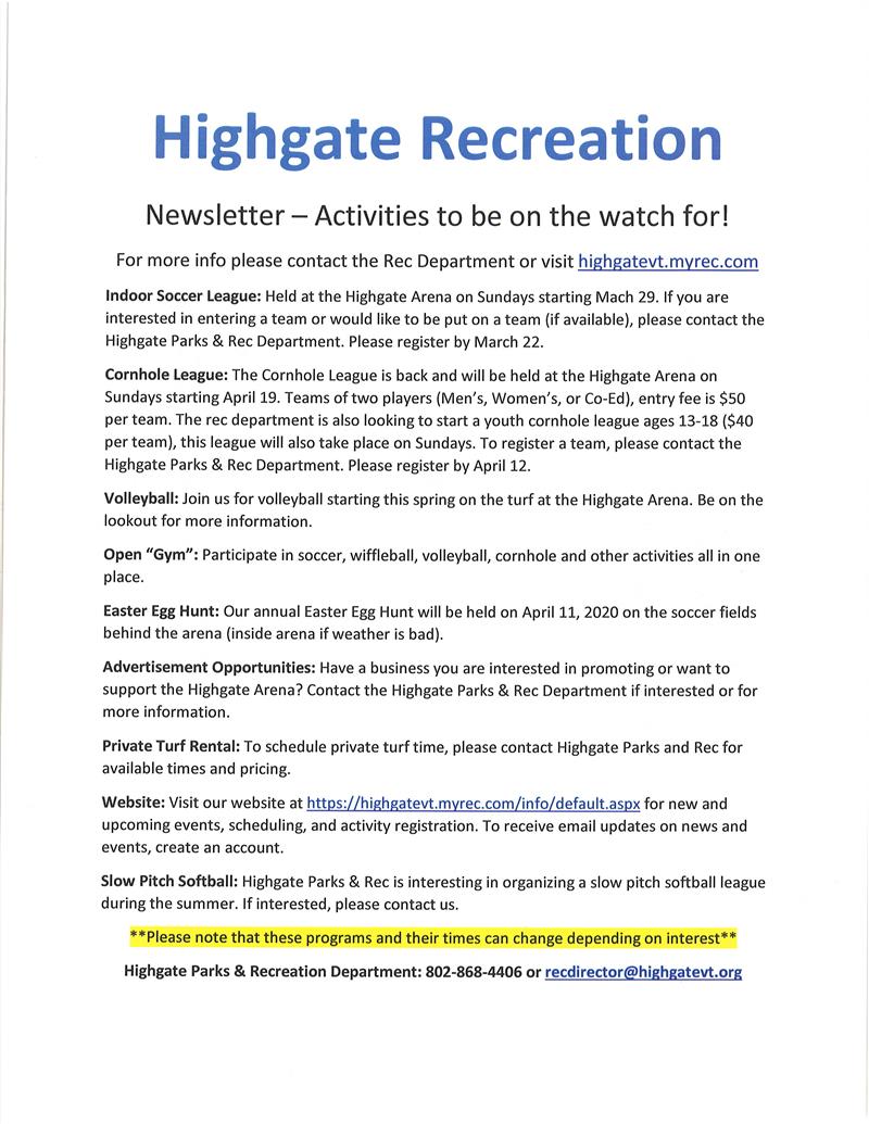 Highgate Parks and Recreation News